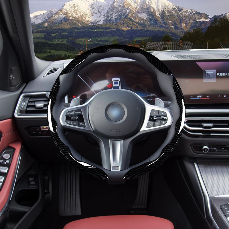 Aotoyou Car Steering Wheel Cover Set Bright Carbon Fiber Wrap Non-Slip 3pcs Steering Wheel Accessories 14.5-15 inch Universal (Black) - Image 2